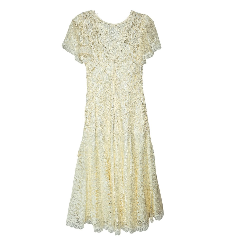 Vtg USA Shuet Young Ivory Lace Sequins Victorian Midi Dress Size 5-6 Cottagecore - Picture 2 of 16